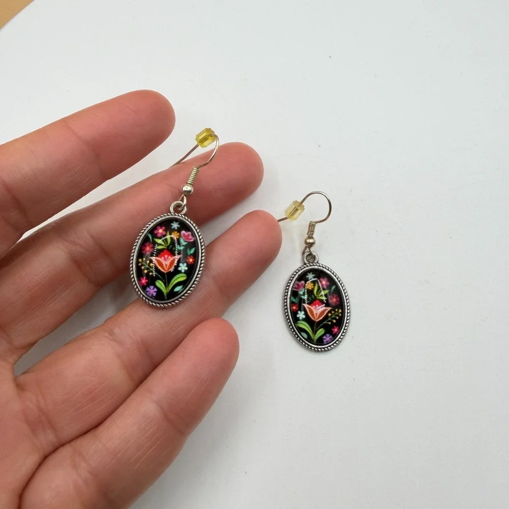 Floral Folk Art Earrings Black Multicolor Flower Oval Silver Tone Dangle Pair